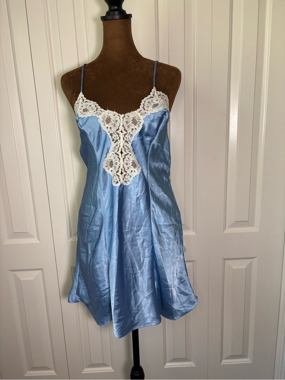 Vintage Partners by Mervyns Blue Satin Lace Chemise Slip Dress Sz Small